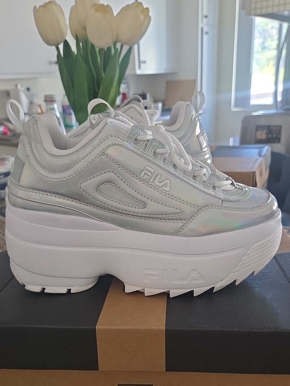 FILA Disruptor II Wedge Festival White Iridescent Size 8 Platform